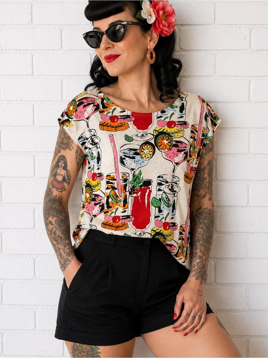 Nicole Miller Tops - Nicole Miller Linen Cocktail Print Top M Tiki Pinup Rockabilly Retro Resort